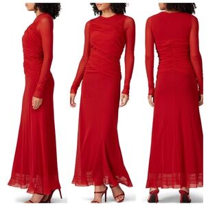 FUZZI Red Long Sleeve Wrapped Asymmetrical Bodice Mesh Maxi Dress - MEDIUM